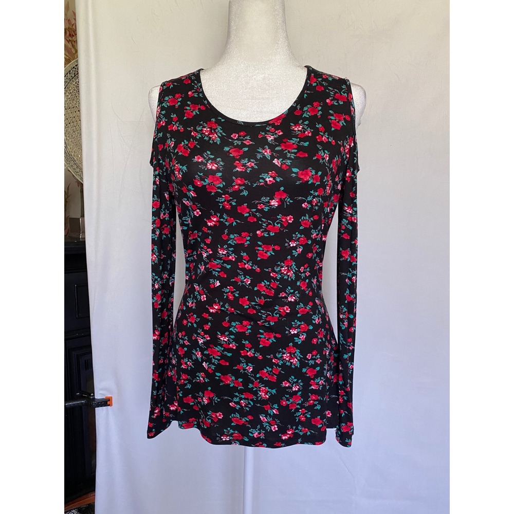 Popular 21 Womens Floral Cold Shoulder Long Sleeve Top Black Red L